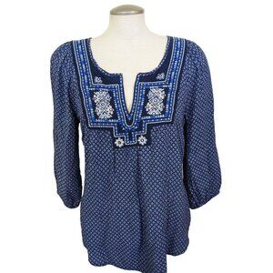 Womens M Blouse Top Boho Peasant Embroidered Bohemian Navy Balloon Sleeve Ditsy